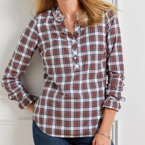 Talbots Ruffle Trim Popover Blouse in Celebrate Plaid